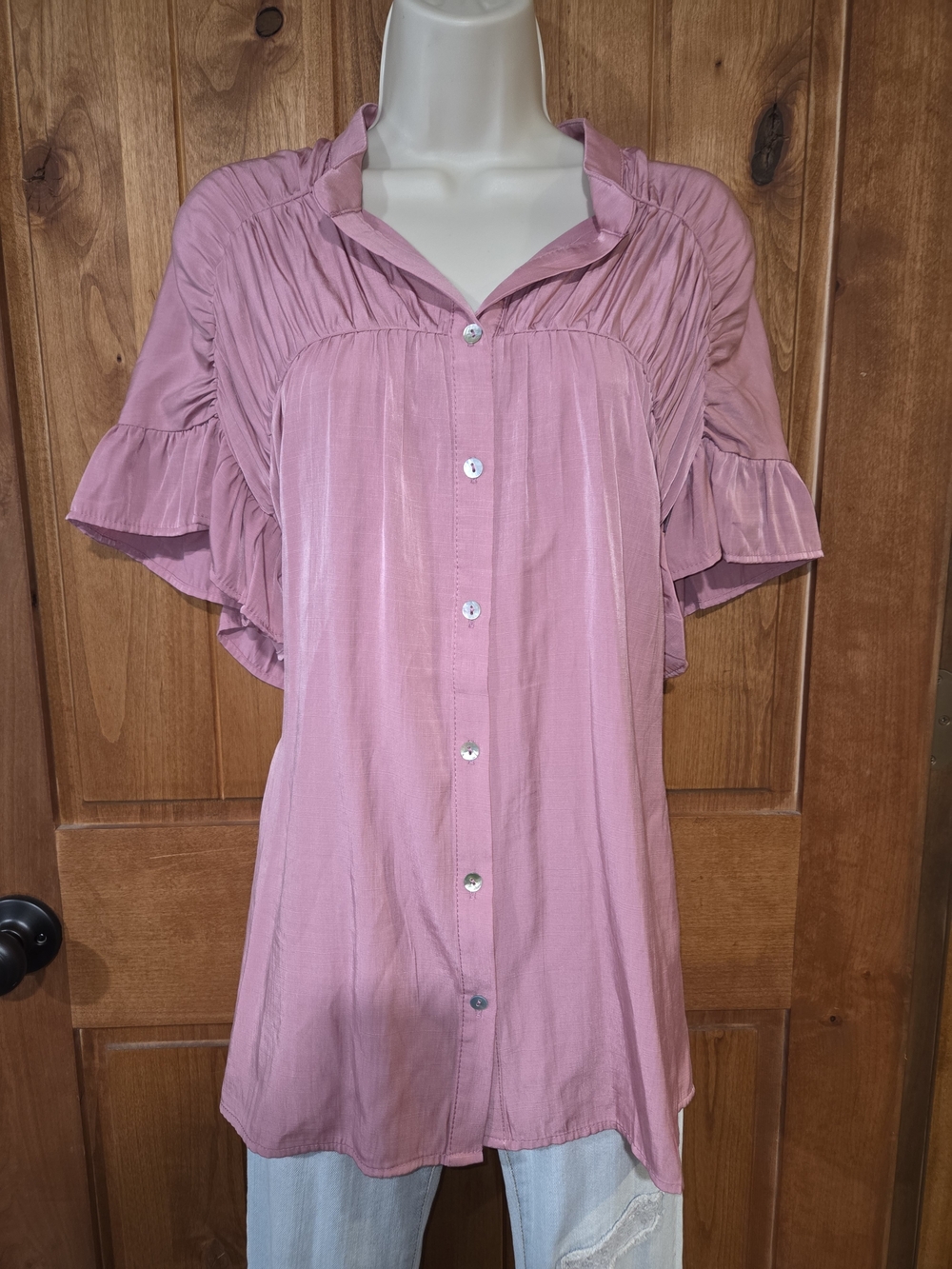 BiBi Womens Dusty Rose Button-Front Ruffle Sleeve Top